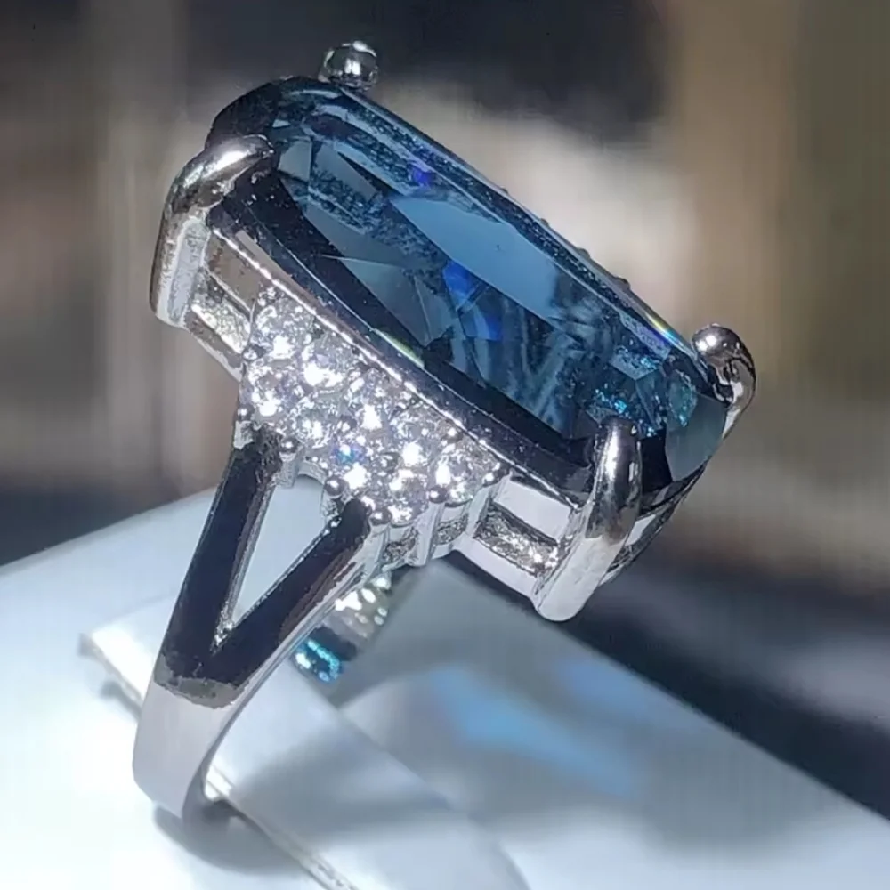 12 Ct 925 Silver Bridal Ring with Deep Blue Lab-created Sapphire Stone Sz 10